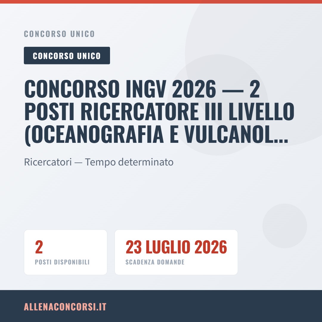 Concorso INGV 2026 — 2 posti Ricercatore III livello (Oceanografia e Vulcanologia)