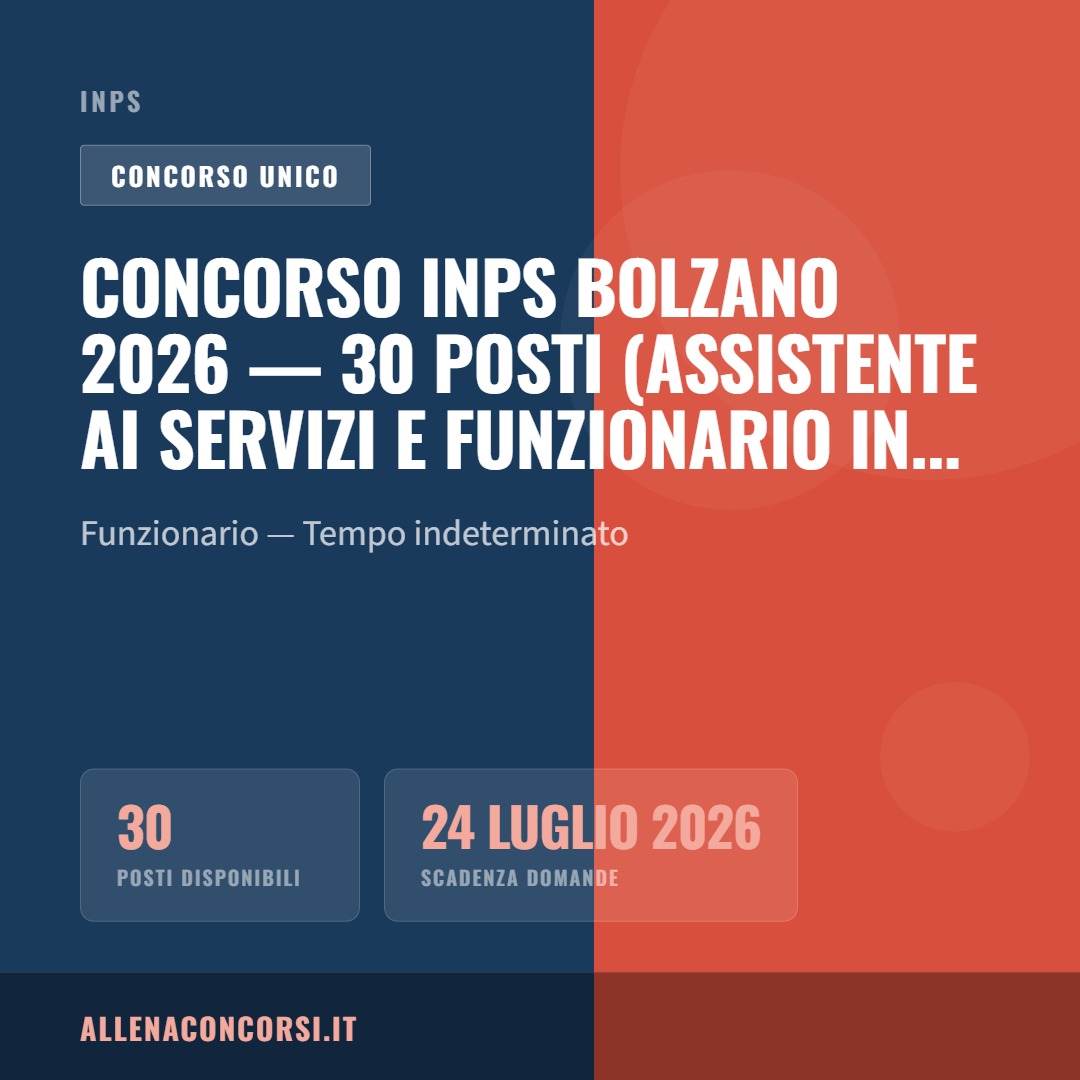 Concorso INPS Bolzano 2026 — 30 posti (Assistente ai Servizi e Funzionario informatico)