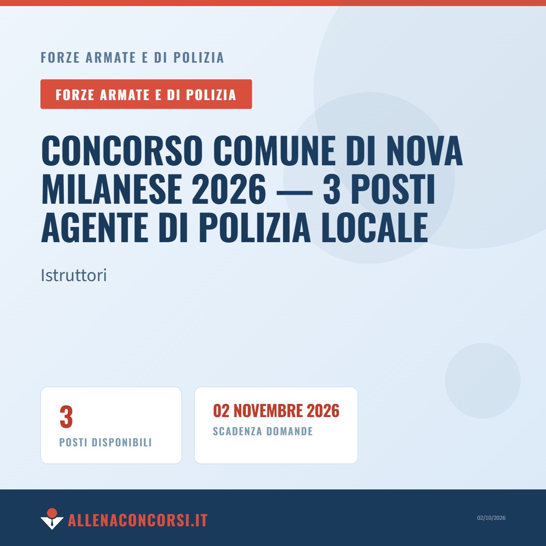 Concorso Comune di Nova Milanese 2026 — 3 posti Agente di Polizia Locale