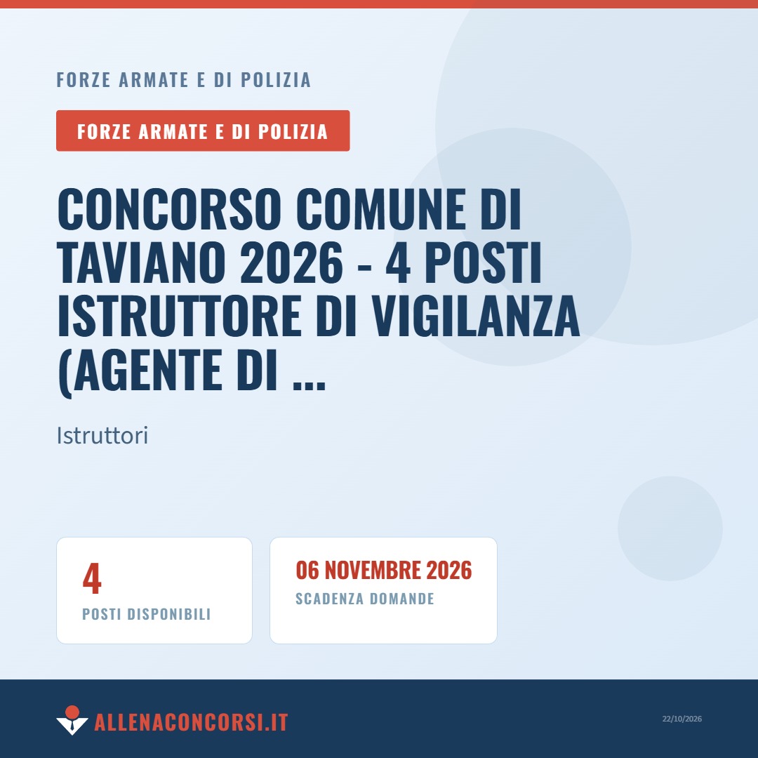 Concorso Comune di Taviano 2026 - 4 posti Istruttore di Vigilanza (Agente di Polizia Locale)