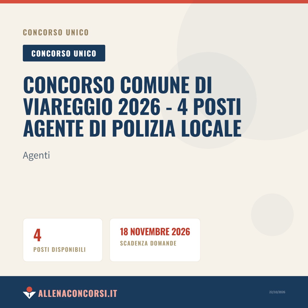 Concorso Comune di Viareggio 2026 - 4 posti Agente di Polizia Locale