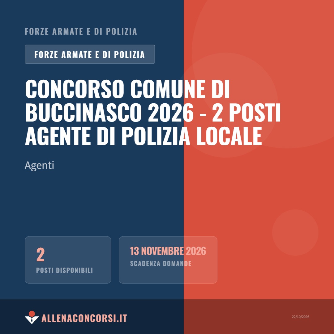 Concorso Comune di Buccinasco 2026 - 2 posti Agente di Polizia Locale