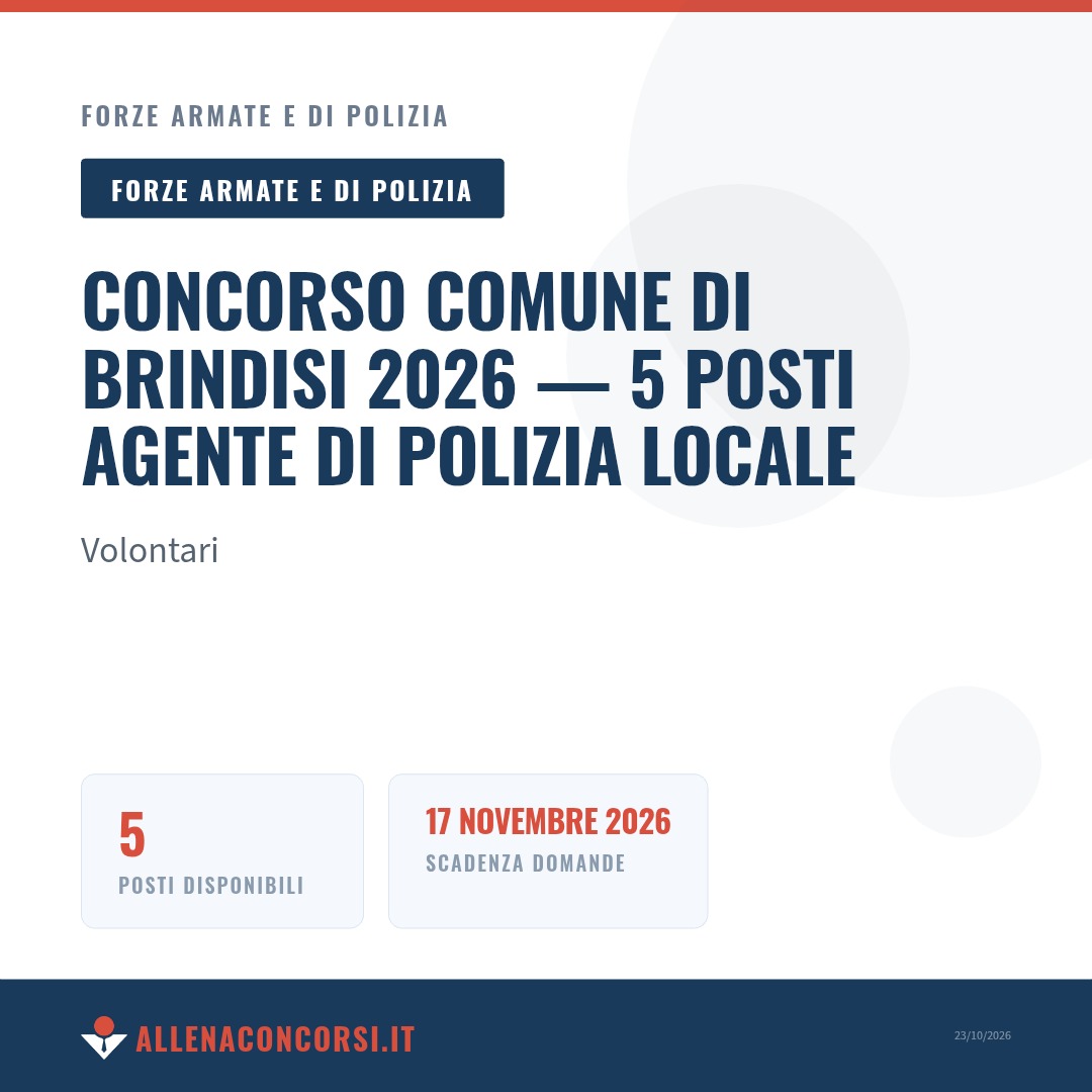 Concorso Comune di Brindisi 2026 — 5 posti Agente di Polizia Locale