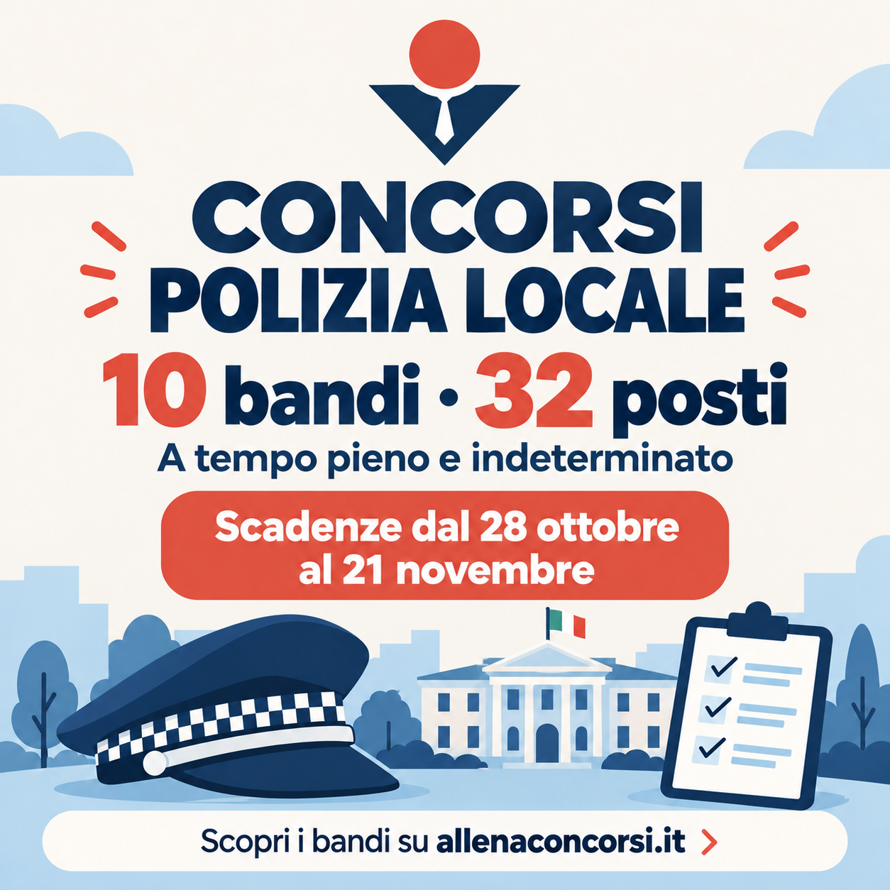 Concorsi Polizia Locale aperti: 10 bandi e 32 posti, scadenze dal 28 ottobre al 21 novembre